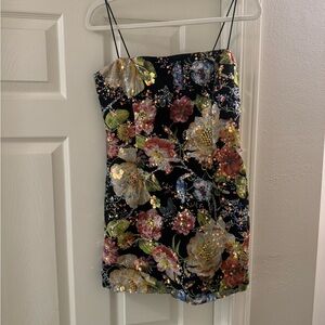 Black Floral Sequin Mini Dress